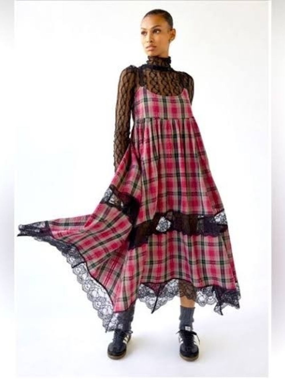 URBAN Outfitters Baez Red Plaid Black Lace Inset Maxi Dress M